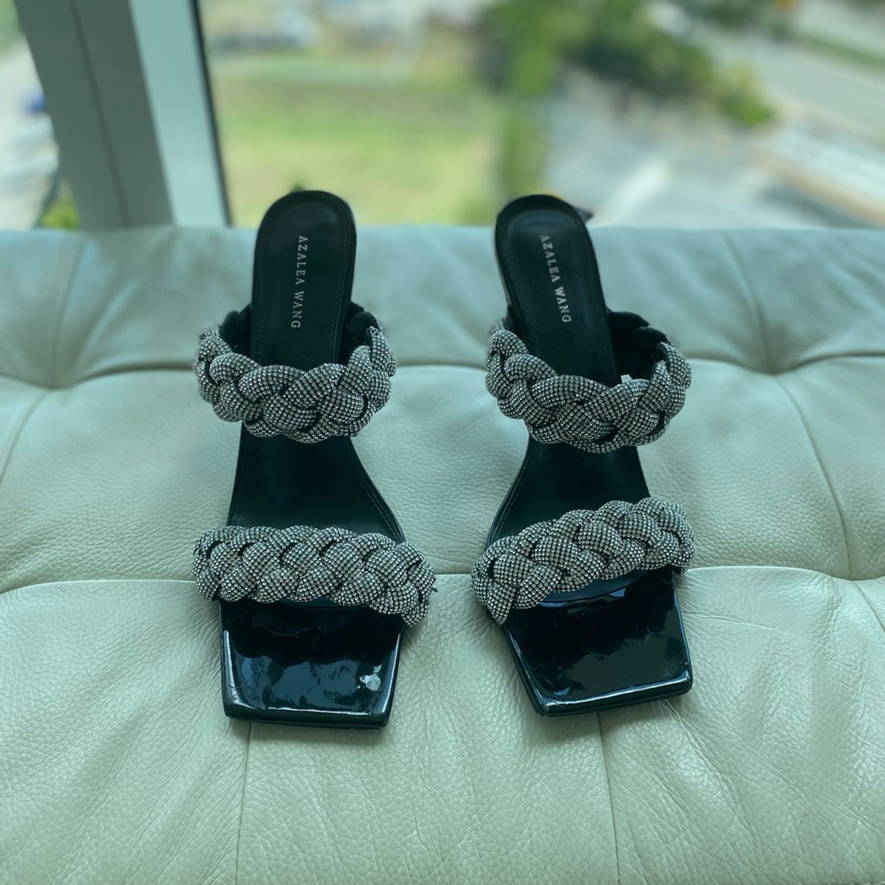 Azalea Wang- Black and Silver Heels with Braided Straps